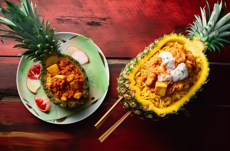 特色风味泰国菜菠萝海鲜炒饭精致摆盘摄影图,高清,摄影图,摄影图片,图片大全,摄影图免费下载